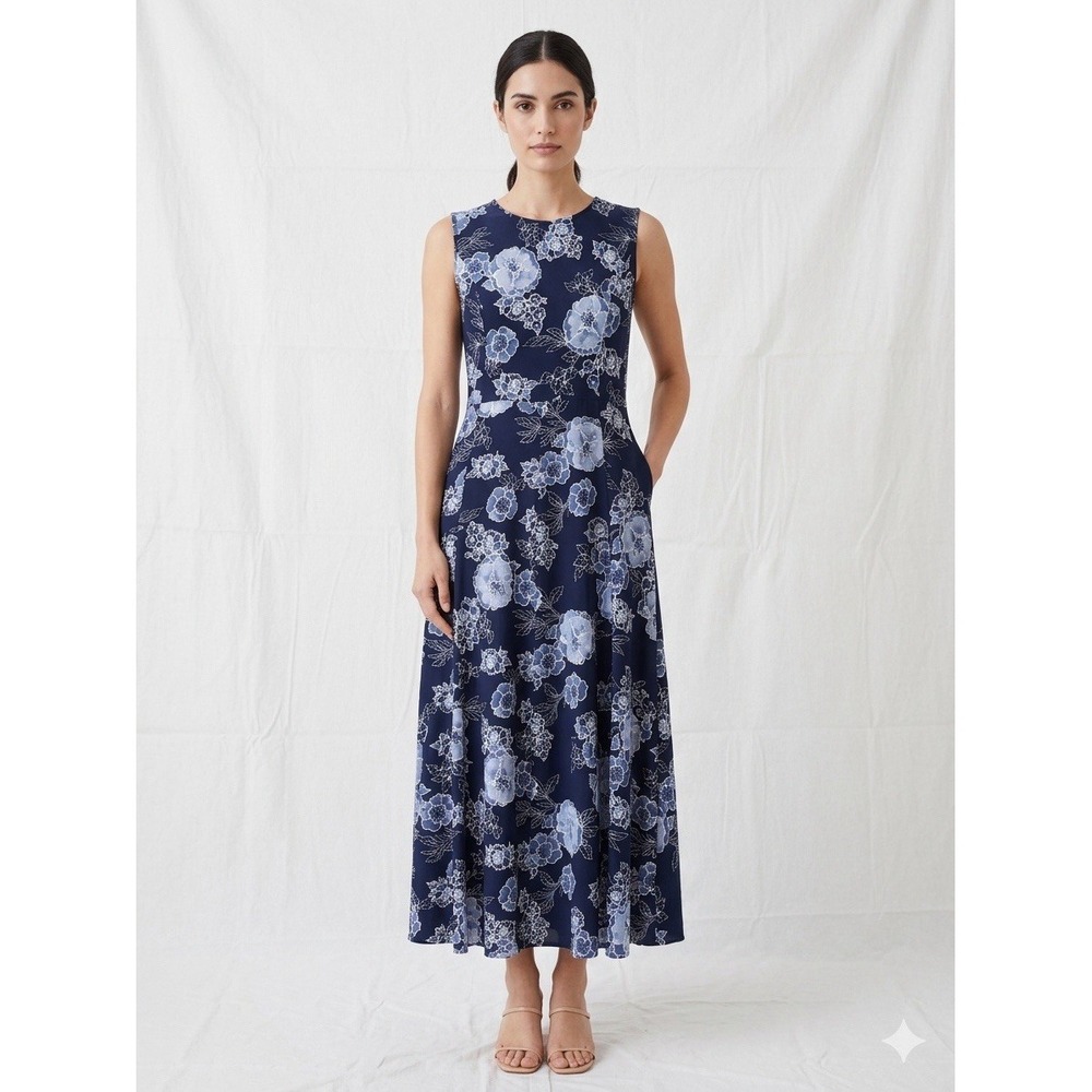 Chic Chelsea‎ Taylor Floral Print Dress, Sleeveless Elegant Maxi, Navy/White 16